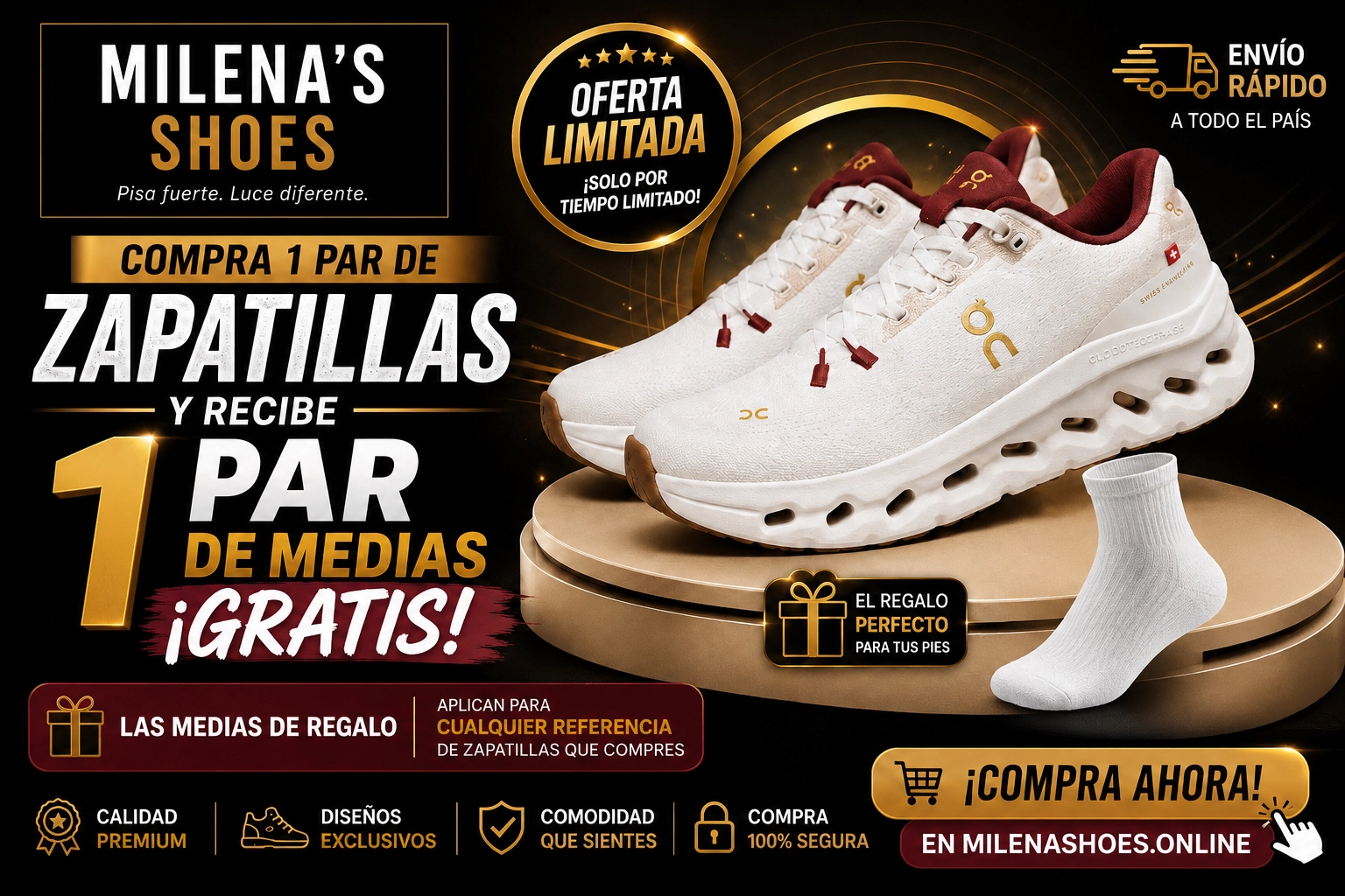 Milena's Shoes — compra zapatillas y recibe medias gratis. Modelo blanco borgoña.