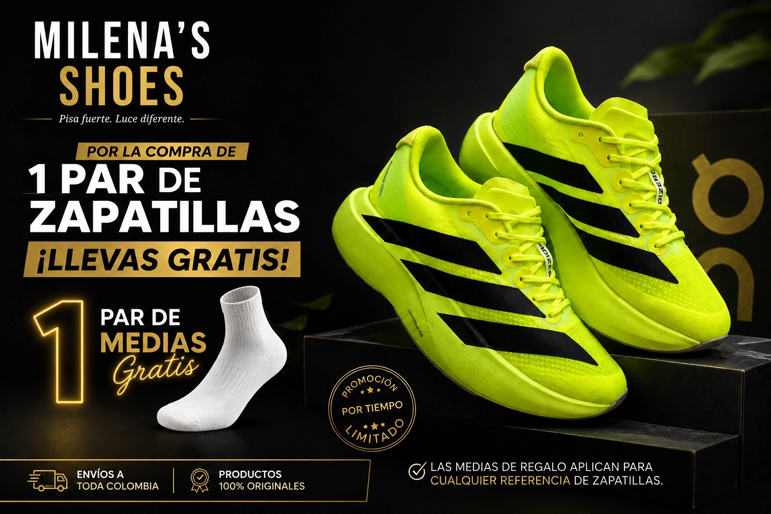 Milena's Shoes — Adidas Adizero verde. Por la compra llevas medias gratis.