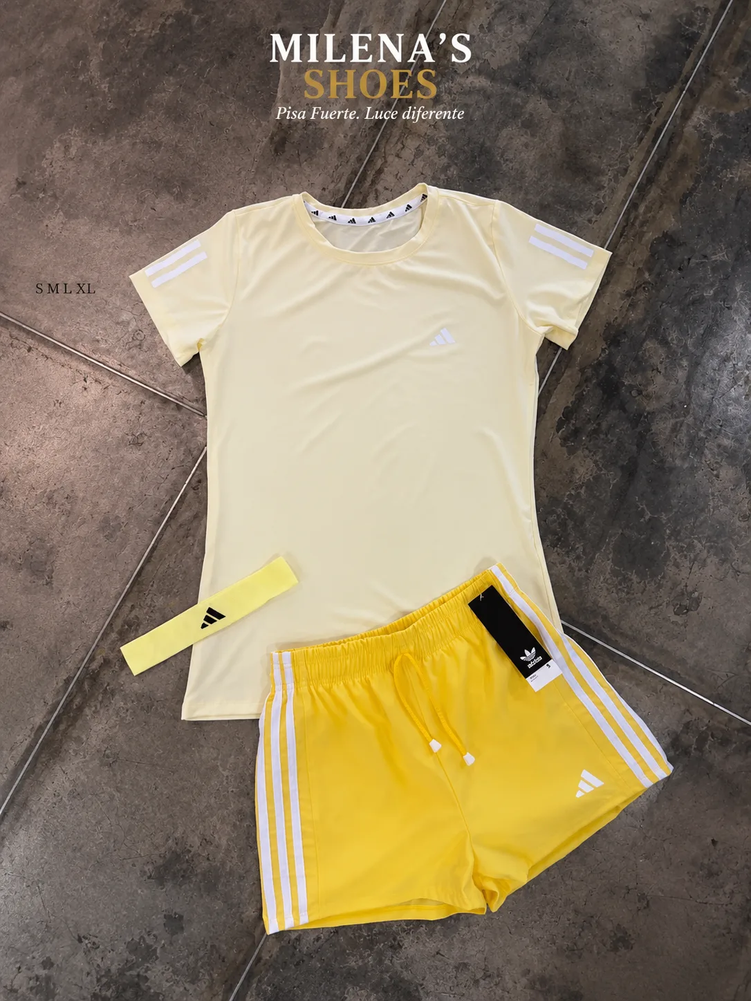 Conjunto deportivo Milena's Shoes amarillo Adidas: camiseta, short y diadema. Tallas S M L XL
