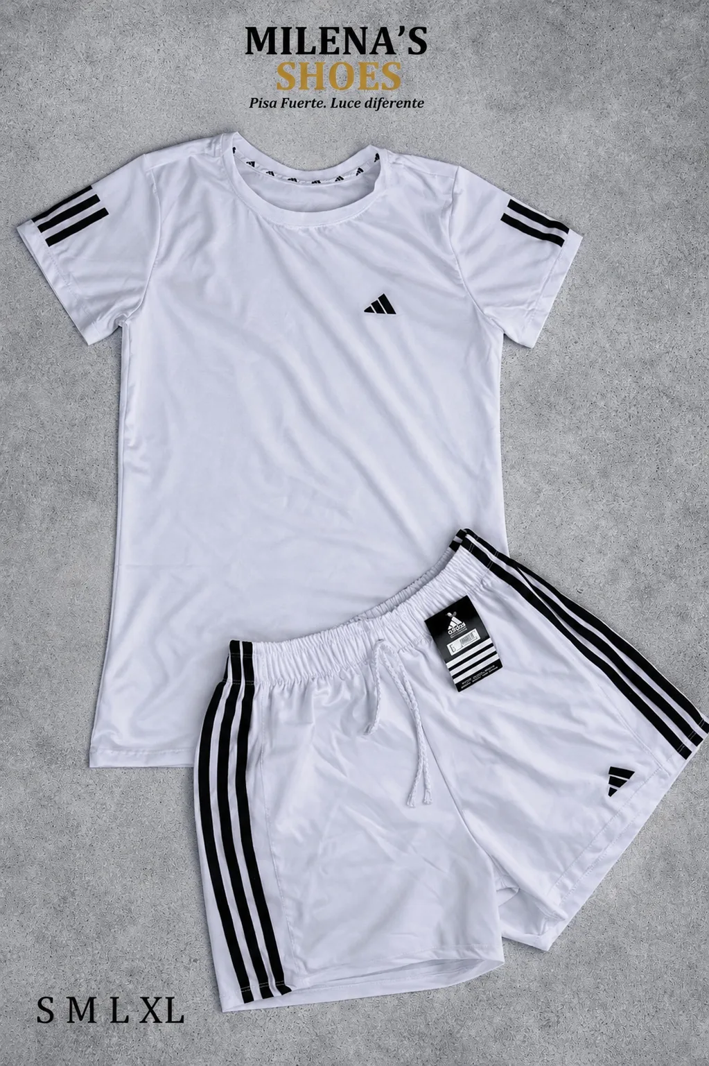 Conjunto deportivo Milena's Shoes blanco Adidas: camiseta y short. Tallas S M L XL