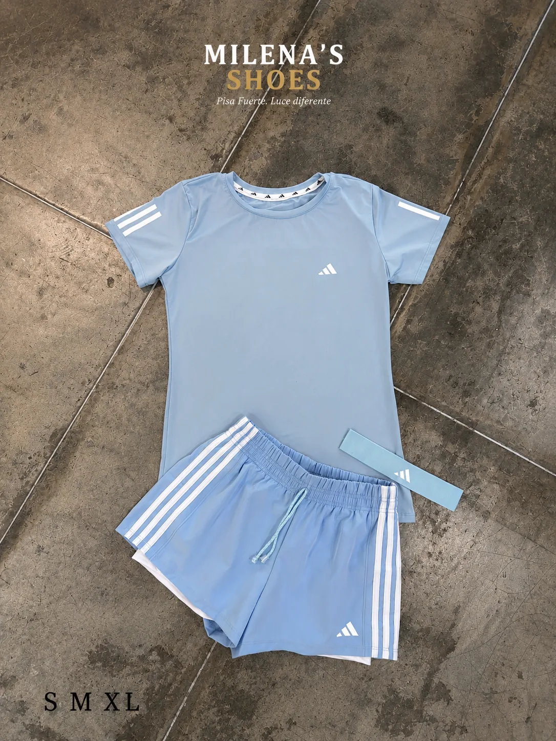 Conjunto deportivo Milena's Shoes celeste Adidas: camiseta, short y diadema. Tallas S M XL