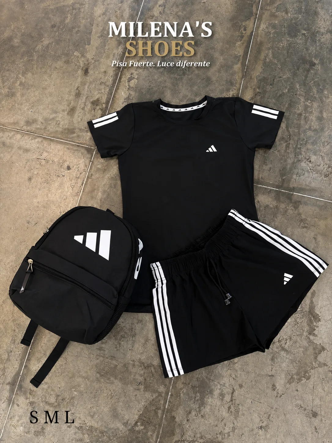 Conjunto deportivo Milena's Shoes negro Adidas: camiseta, short y mochila. Tallas S M L
