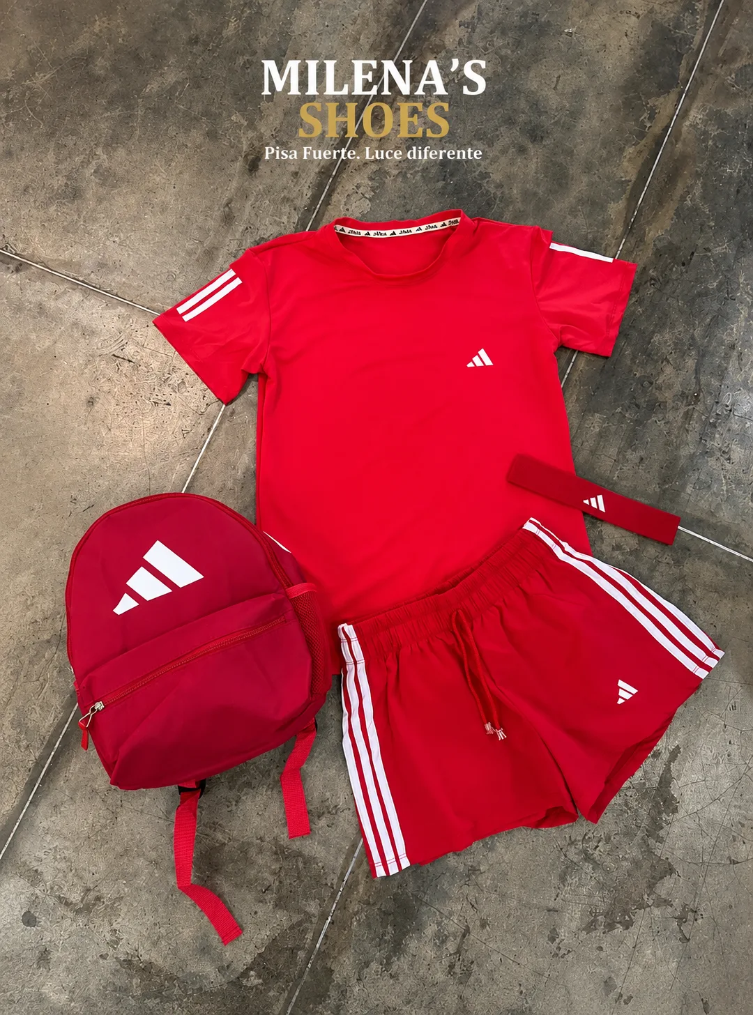 Conjunto deportivo Milena's Shoes rojo Adidas: camiseta, short, mochila y diadema