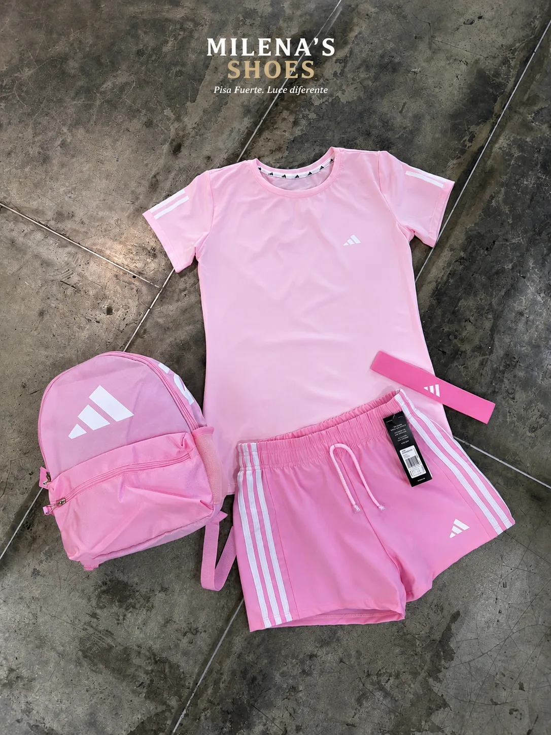 Conjunto deportivo Milena's Shoes rosado Adidas: camiseta, short, mochila y diadema