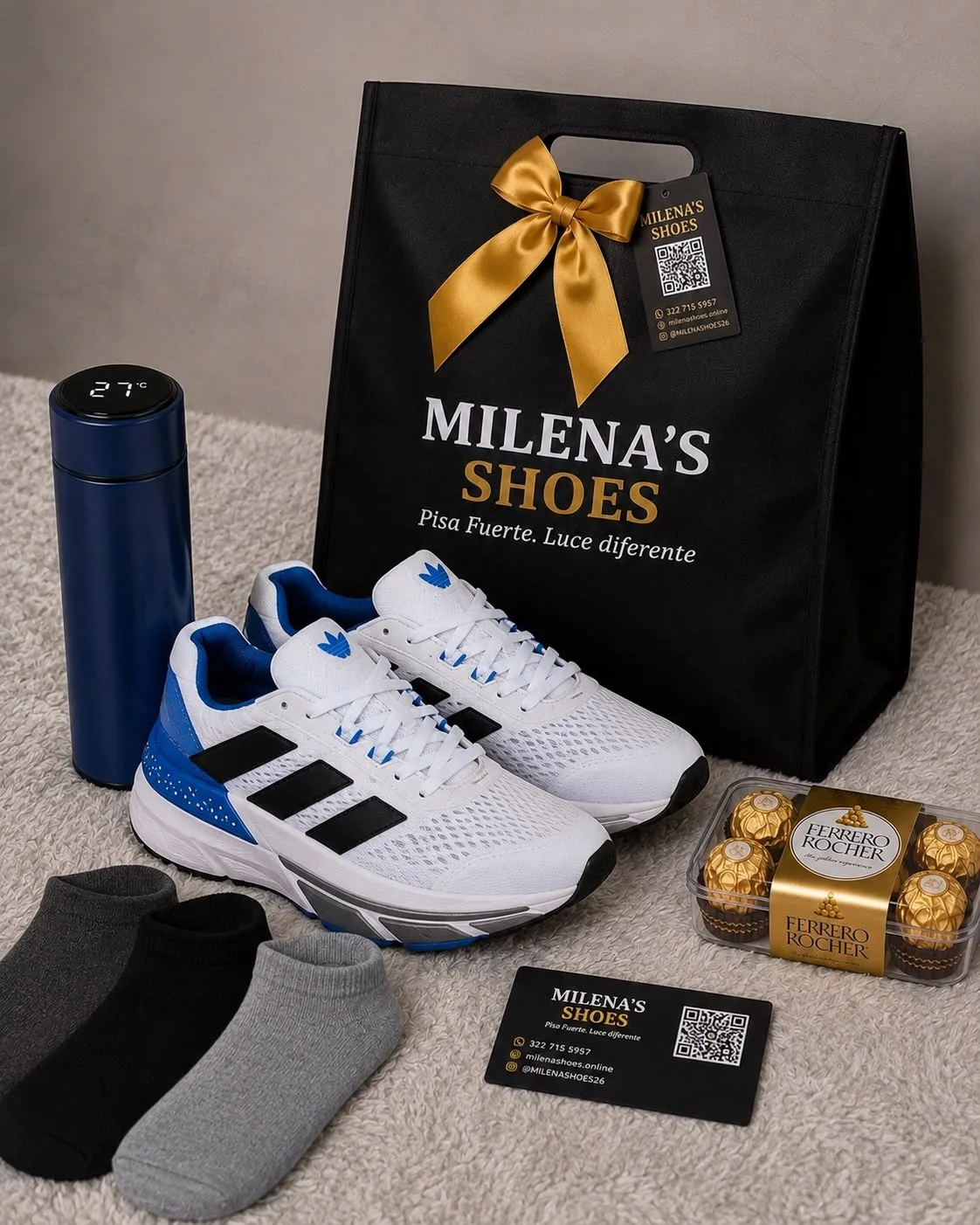 Kit de regalo Milena's Shoes para hombre: zapatillas, termo, chocolates Ferrero Rocher y medias