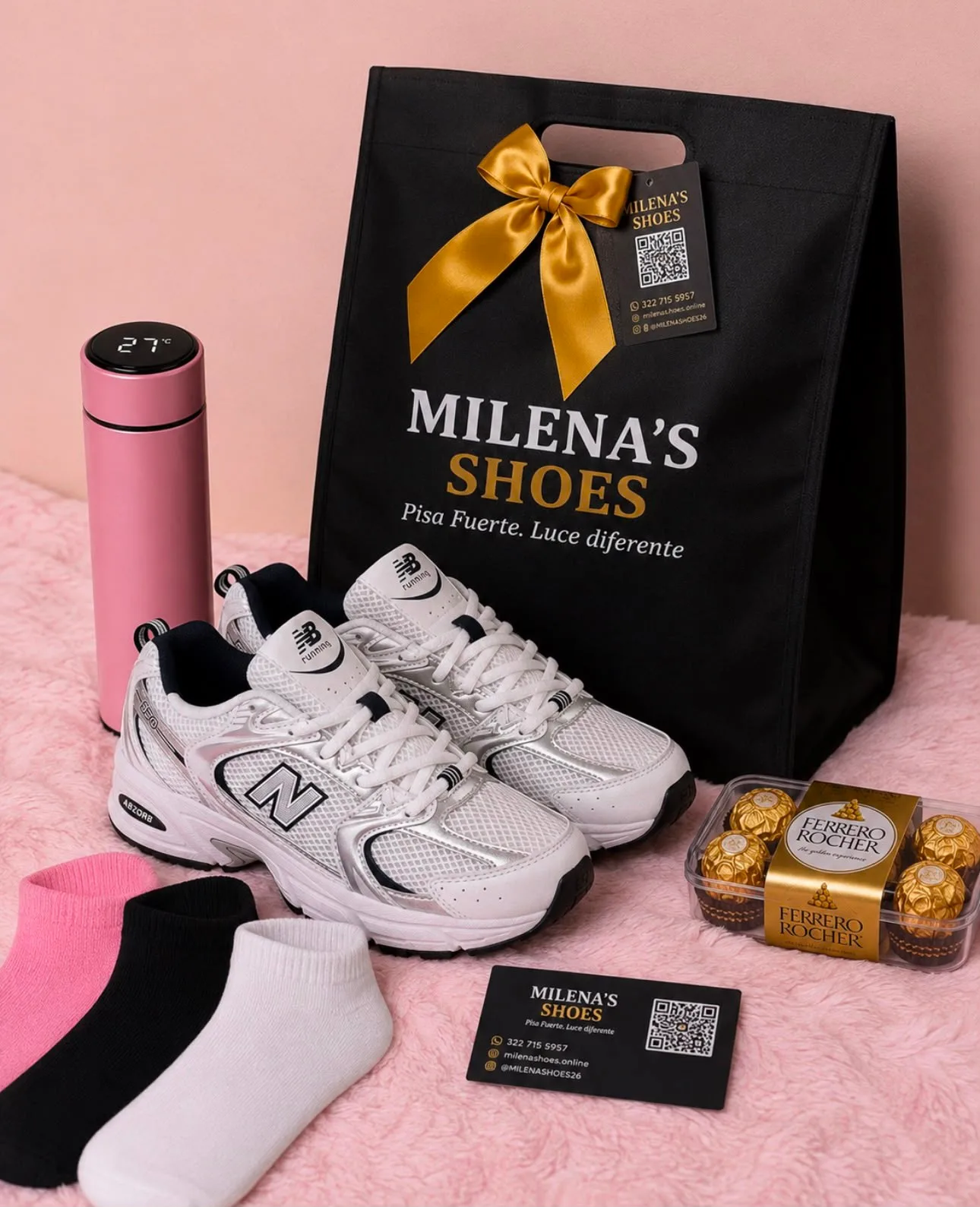 Kit de regalo Milena's Shoes para mujer: zapatillas, termo, chocolates Ferrero Rocher y medias
